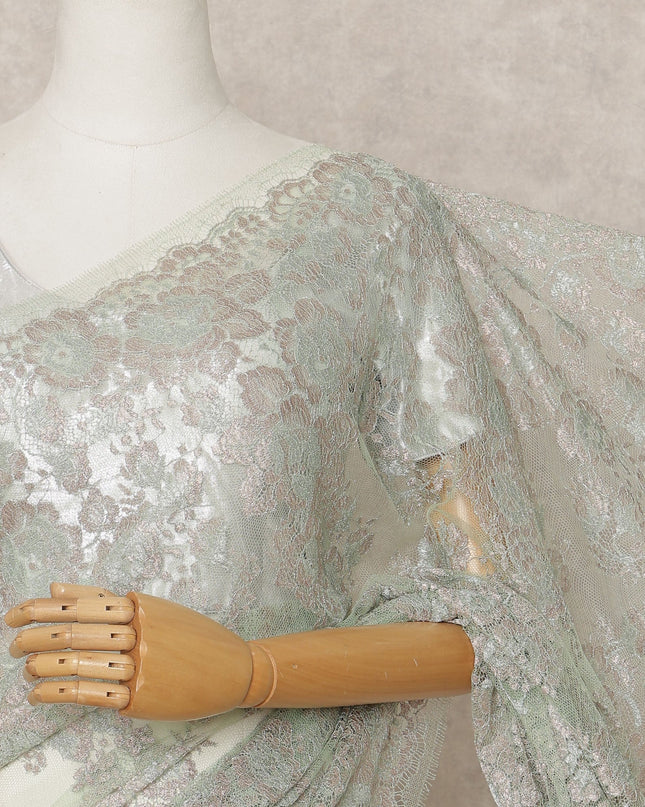 Pistachio Green Premium French Metallic Chantilly Lace Saree Fabric – 5.5 Meters Length, 110 Cms Width, Imported from France-D25717