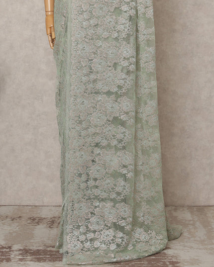 Pistachio Green Premium French Metallic Chantilly Lace Saree Fabric – 5.5 Meters Length, 110 Cms Width, Imported from France-D25717