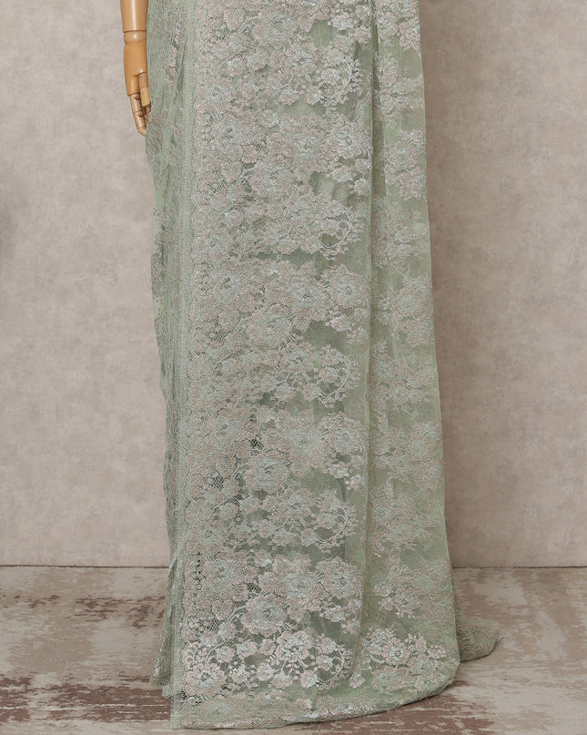 Pistachio Green Premium French Metallic Chantilly Lace Saree Fabric – 5.5 Meters Length, 110 Cms Width, Imported from France-D25717