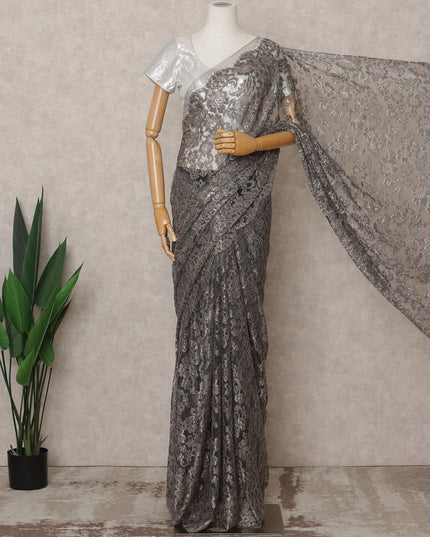 Grey Premium French Metallic Chantilly Lace Saree Fabric – 5.5 Meters Length, 110 Cms Width, Imported from France-D25714