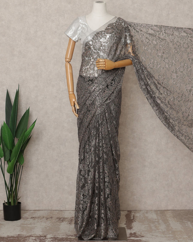 Grey Premium French Metallic Chantilly Lace Saree Fabric – 5.5 Meters Length, 110 Cms Width, Imported from France-D25714