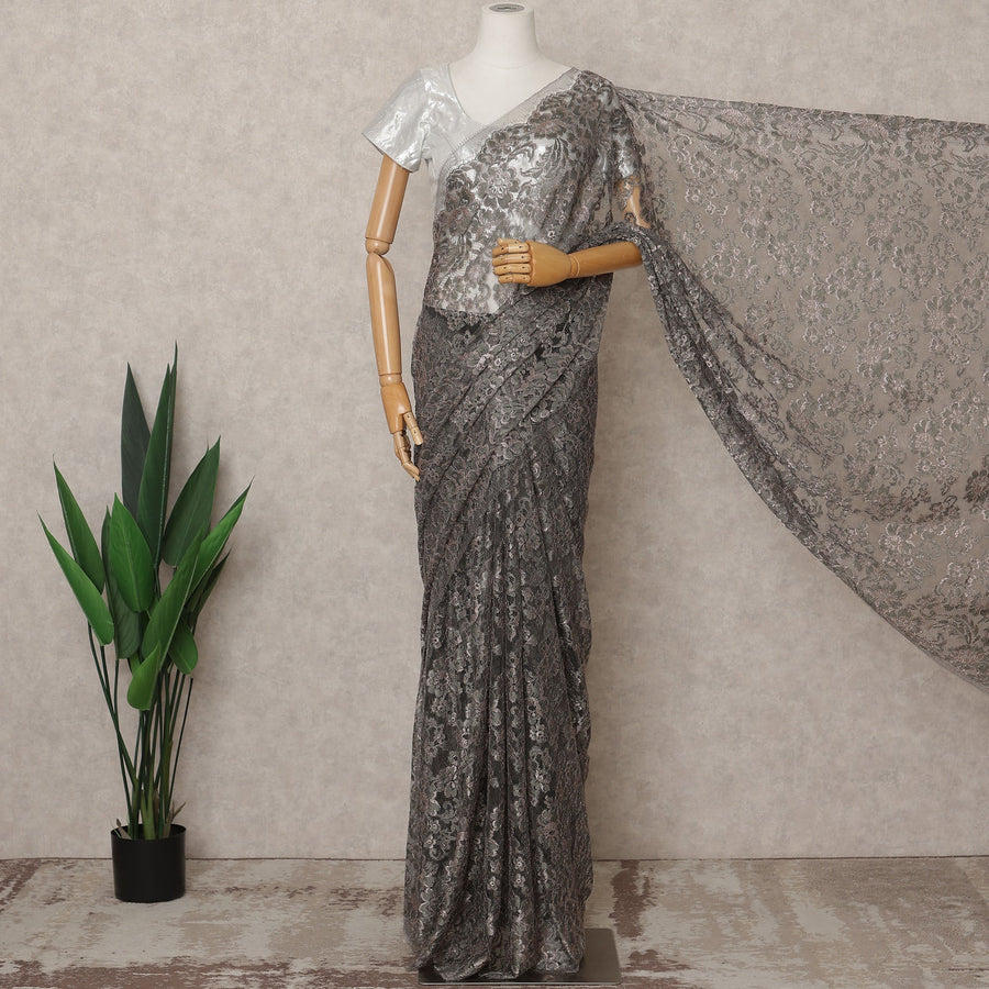 Grey Premium French Metallic Chantilly Lace Saree Fabric – 5.5 Meters Length, 110 Cms Width, Imported from France-D25714