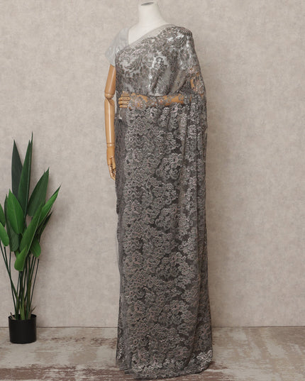 Grey Premium French Metallic Chantilly Lace Saree Fabric – 5.5 Meters Length, 110 Cms Width, Imported from France-D25714