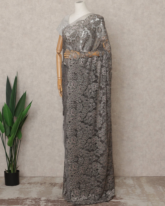 Grey Premium French Metallic Chantilly Lace Saree Fabric – 5.5 Meters Length, 110 Cms Width, Imported from France-D25714