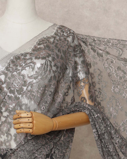 Grey Premium French Metallic Chantilly Lace Saree Fabric – 5.5 Meters Length, 110 Cms Width, Imported from France-D25714