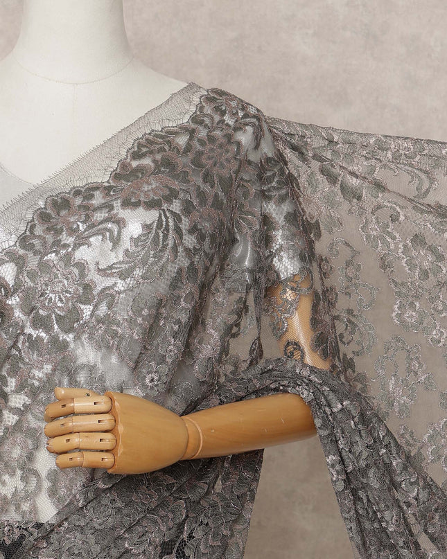 Grey Premium French Metallic Chantilly Lace Saree Fabric – 5.5 Meters Length, 110 Cms Width, Imported from France-D25714