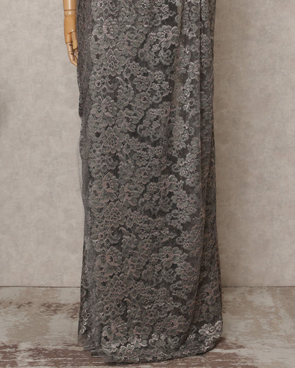 Grey Premium French Metallic Chantilly Lace Saree Fabric – 5.5 Meters Length, 110 Cms Width, Imported from France-D25714