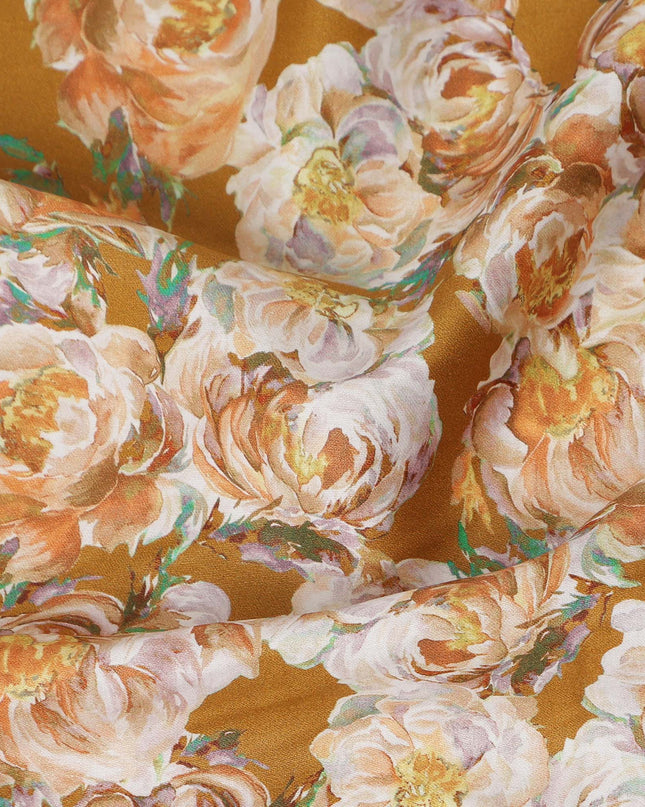 Mustard Yellow Floral Printed Cotton Lawn Fabric 4.0 Meters Length 110 Cms Width Soft Lightweight Breathable Dressmaking Craft Sewing India-D27615