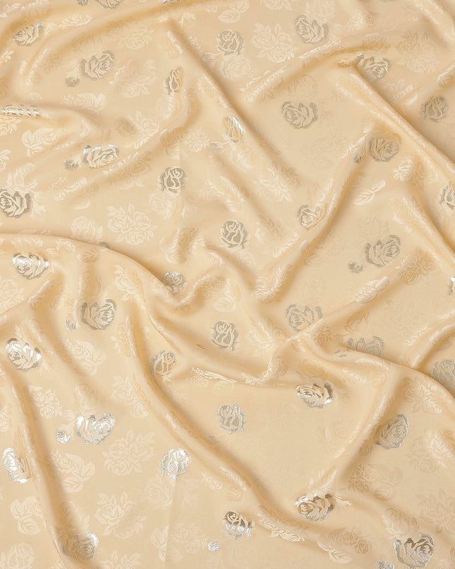 Beige Premium Pure silk Satin Fabric with Jacquard metallic, 110 Cms, South Korea-D26897