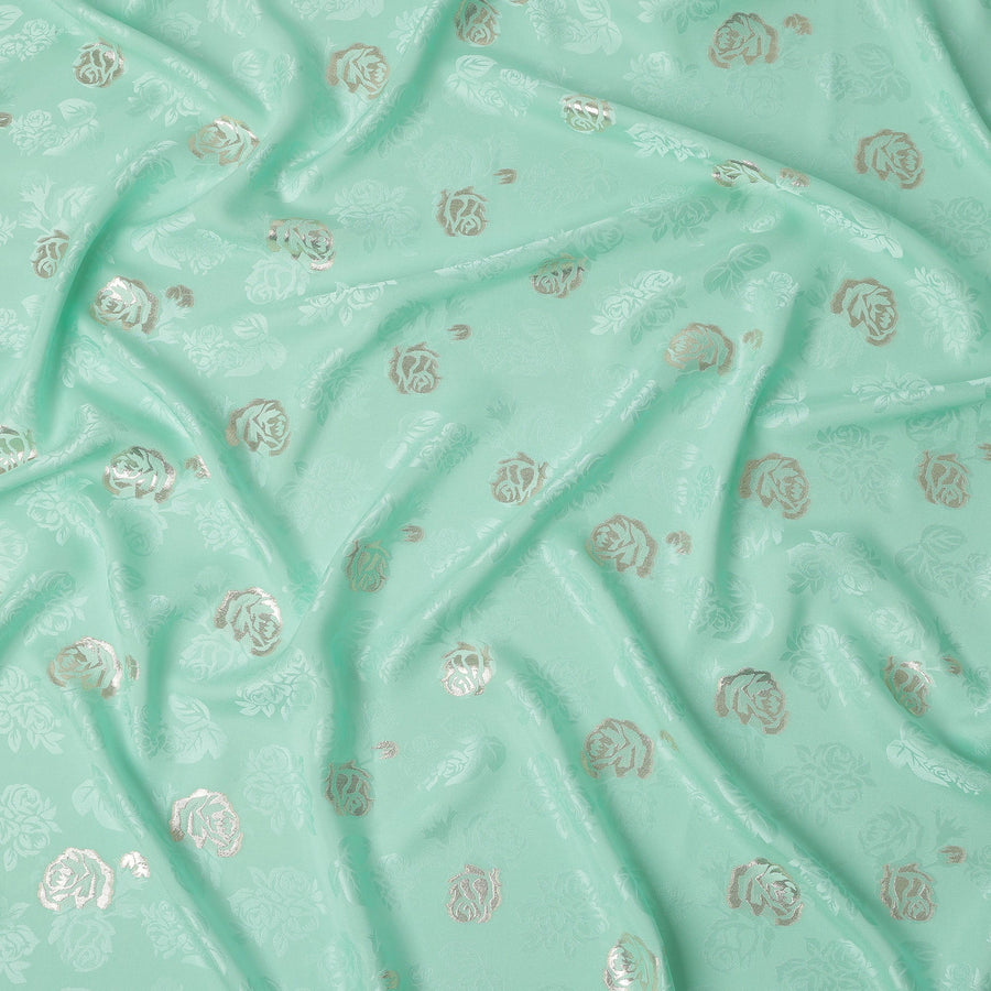 Mint Green Premium Pure silk Satin Fabric with Jacquard metallic, 110 Cms, South Korea-D26898