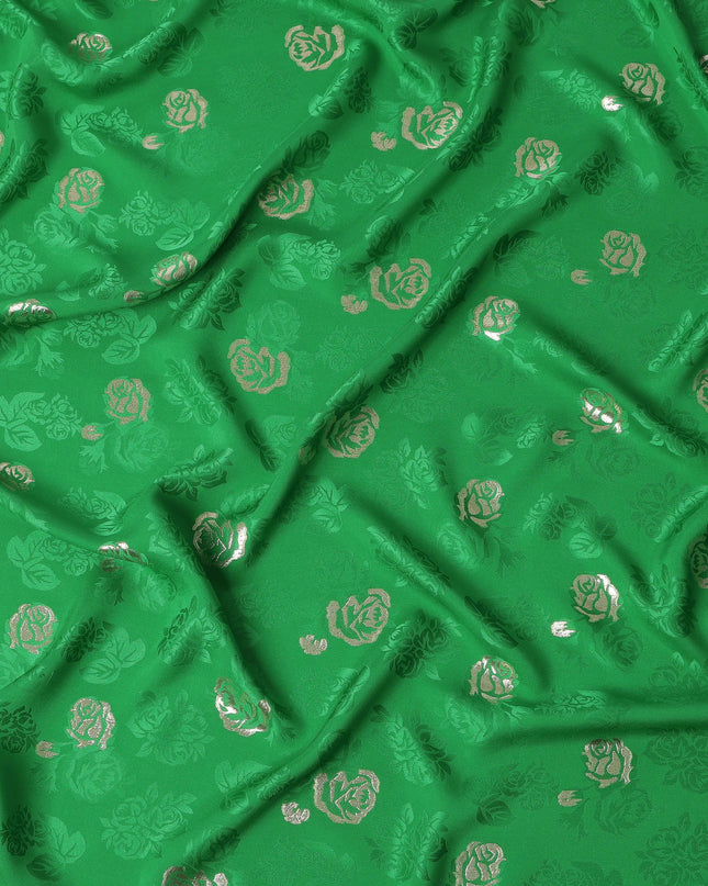 Green Premium Pure silk Satin Fabric with Jacquard metallic, 110 Cms, South Korea-D26896