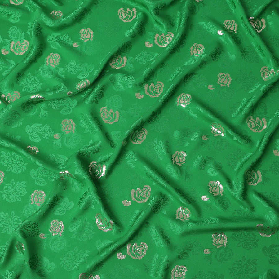 Green Premium Pure silk Satin Fabric with Jacquard metallic, 110 Cms, South Korea-D26896