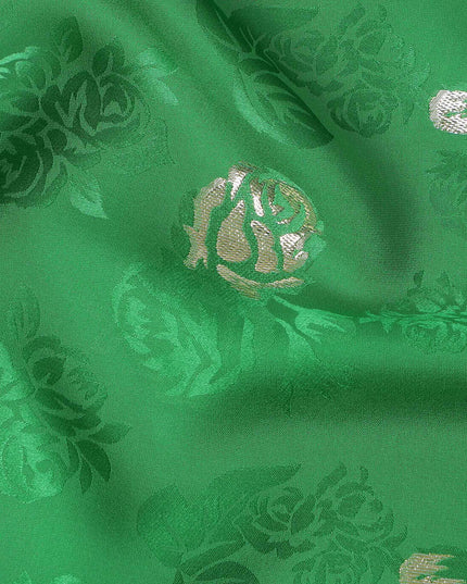 Green Premium Pure silk Satin Fabric with Jacquard metallic, 110 Cms, South Korea-D26896