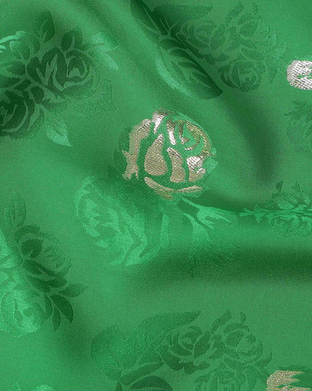 Green Premium Pure silk Satin Fabric with Jacquard metallic, 110 Cms, South Korea-D26896
