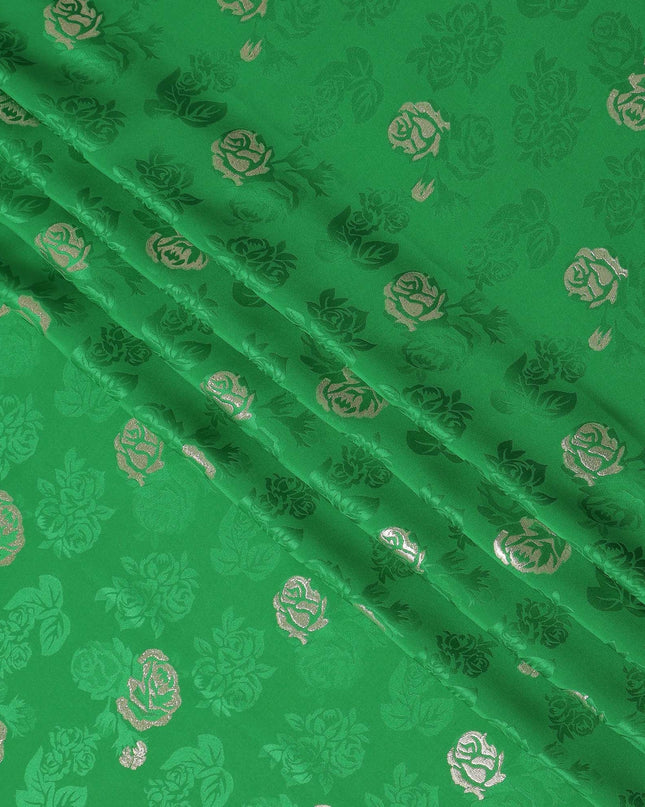 Green Premium Pure silk Satin Fabric with Jacquard metallic, 110 Cms, South Korea-D26896