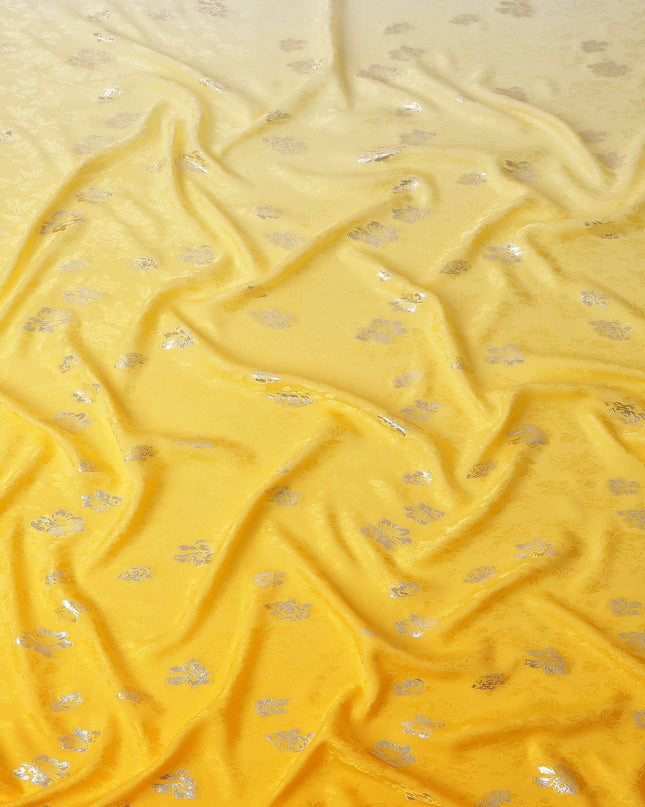 Golden Yellow with Silver Floral Motif Pure Silk Satin Fabric, 140 Cms Width, Made in South Korea-D26000