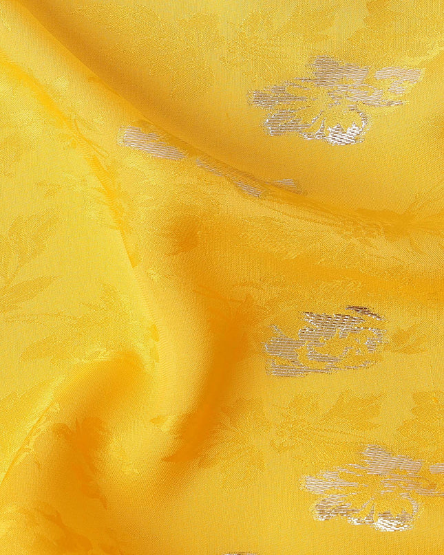 Golden Yellow with Silver Floral Motif Pure Silk Satin Fabric, 140 Cms Width, Made in South Korea-D26000