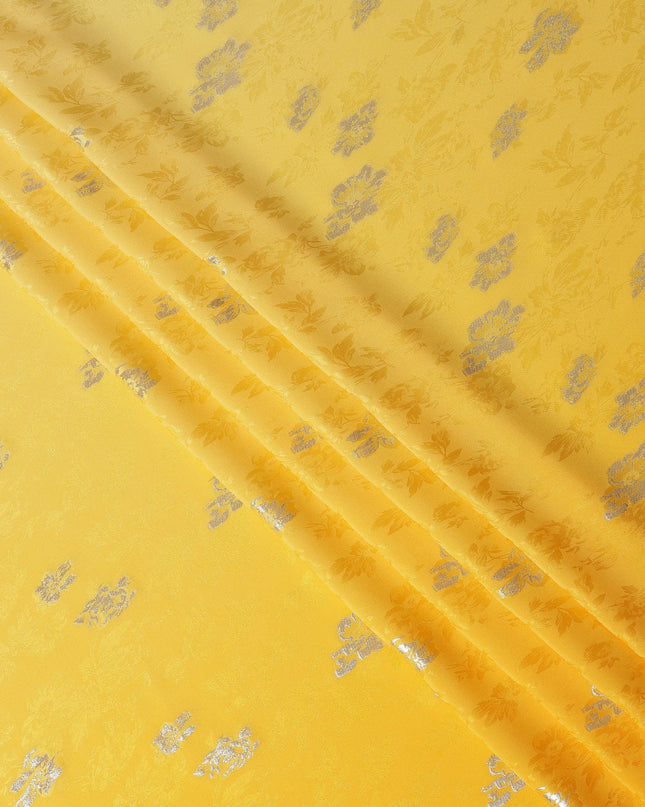 Golden Yellow with Silver Floral Motif Pure Silk Satin Fabric, 140 Cms Width, Made in South Korea-D26000