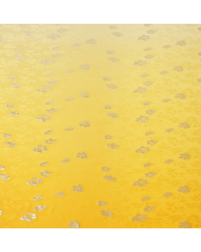 Golden Yellow with Silver Floral Motif Pure Silk Satin Fabric, 140 Cms Width, Made in South Korea-D26000