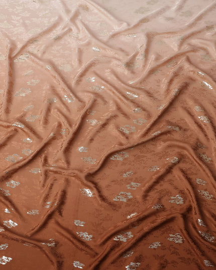 Copper Brown with Silver Floral Motif Pure Silk Satin Fabric, 140 Cms Width, Made in South Korea-D25998