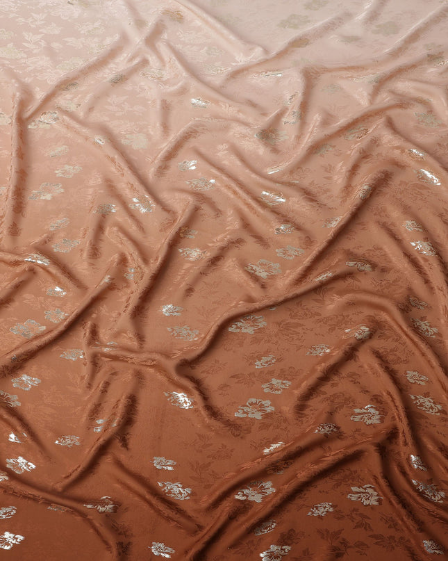 Copper Brown with Silver Floral Motif Pure Silk Satin Fabric, 140 Cms Width, Made in South Korea-D25998