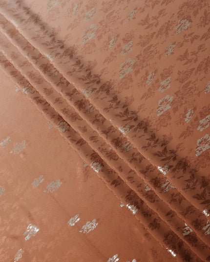 Copper Brown with Silver Floral Motif Pure Silk Satin Fabric, 140 Cms Width, Made in South Korea-D25998