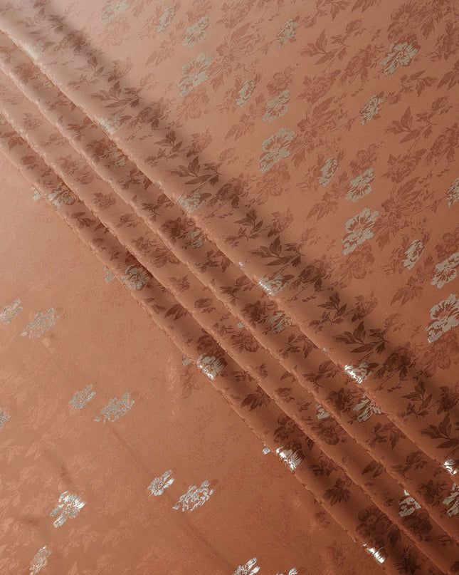 Copper Brown with Silver Floral Motif Pure Silk Satin Fabric, 140 Cms Width, Made in South Korea-D25998