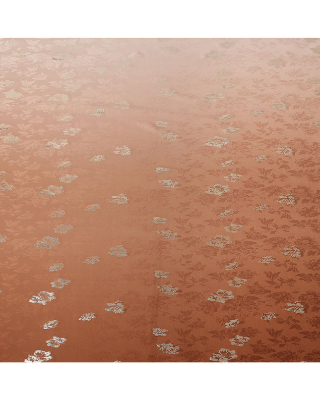 Copper Brown with Silver Floral Motif Pure Silk Satin Fabric, 140 Cms Width, Made in South Korea-D25998