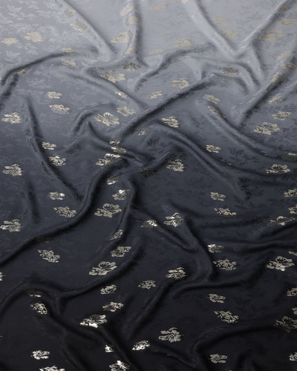 Charcoal Black with Silver Floral Motif Pure Silk Satin Fabric, 140 Cms Width, Made in South Korea-D25999