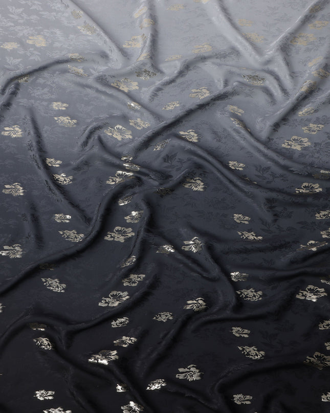 Charcoal Black with Silver Floral Motif Pure Silk Satin Fabric, 140 Cms Width, Made in South Korea-D25999