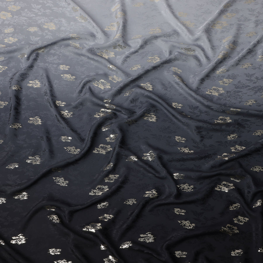 Charcoal Black with Silver Floral Motif Pure Silk Satin Fabric, 140 Cms Width, Made in South Korea-D25999