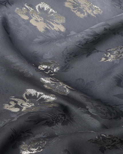 Charcoal Black with Silver Floral Motif Pure Silk Satin Fabric, 140 Cms Width, Made in South Korea-D25999