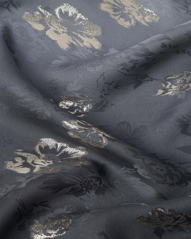 Charcoal Black with Silver Floral Motif Pure Silk Satin Fabric, 140 Cms Width, Made in South Korea-D25999