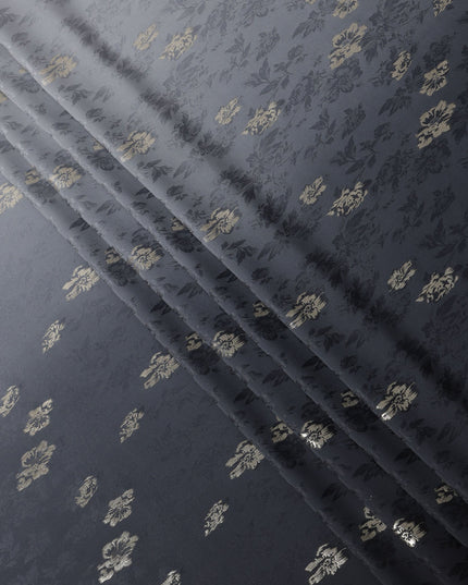 Charcoal Black with Silver Floral Motif Pure Silk Satin Fabric, 140 Cms Width, Made in South Korea-D25999