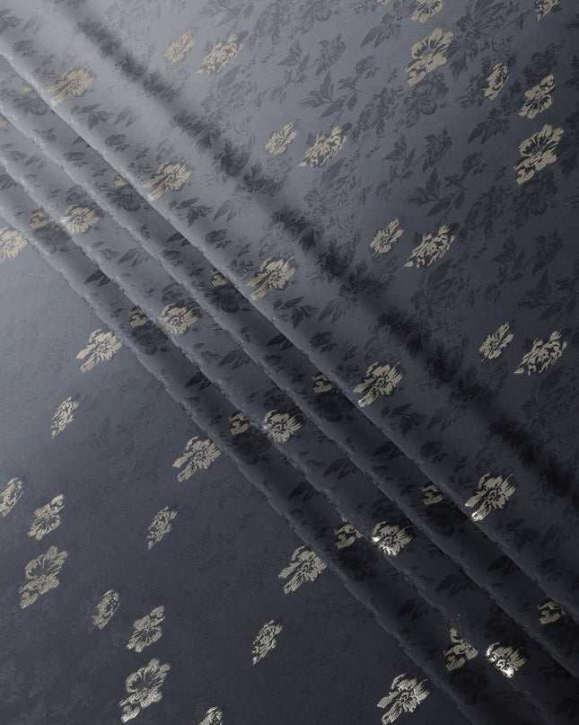 Charcoal Black with Silver Floral Motif Pure Silk Satin Fabric, 140 Cms Width, Made in South Korea-D25999