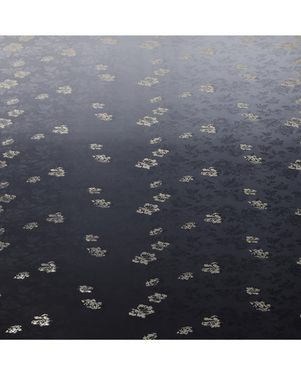 Charcoal Black with Silver Floral Motif Pure Silk Satin Fabric, 140 Cms Width, Made in South Korea-D25999