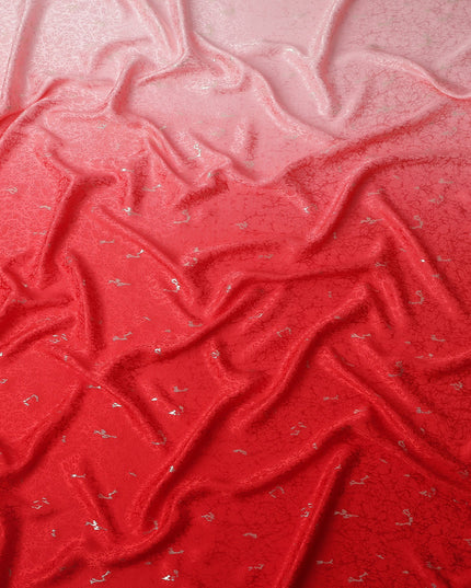 Red Ombre with Silver Textured Motif Pure Silk Satin Fabric, 140 Cms Width, Made in South Korea-D26005