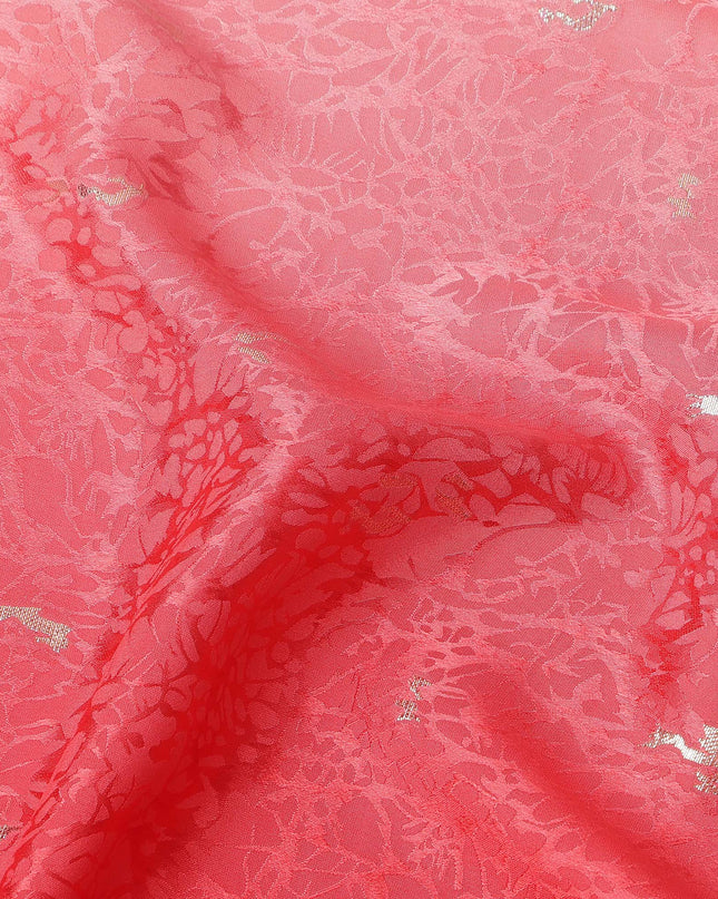 Red Ombre with Silver Textured Motif Pure Silk Satin Fabric, 140 Cms Width, Made in South Korea-D26005
