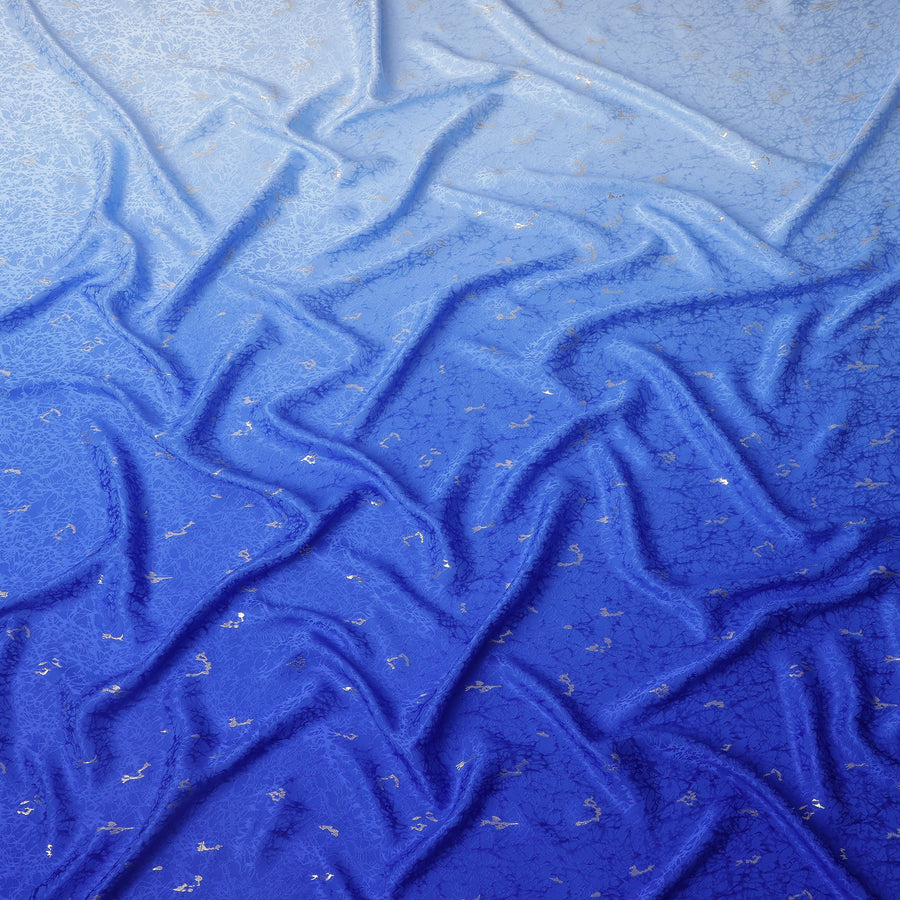 Royal Blue Ombre with Silver Textured Motif Pure Silk Satin Fabric, 140 Cms Width, Made in South Korea-D26004