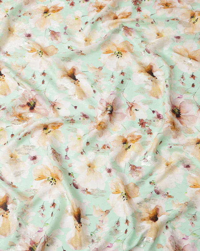 Mint Green with Beige Floral Print Pure Silk Satin Fabric, 140 Cms Width, Made in South Korea-D25993