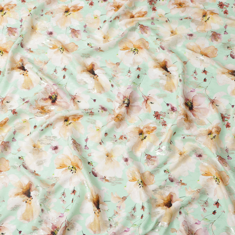 Mint Green with Beige Floral Print Pure Silk Satin Fabric, 140 Cms Width, Made in South Korea-D25993