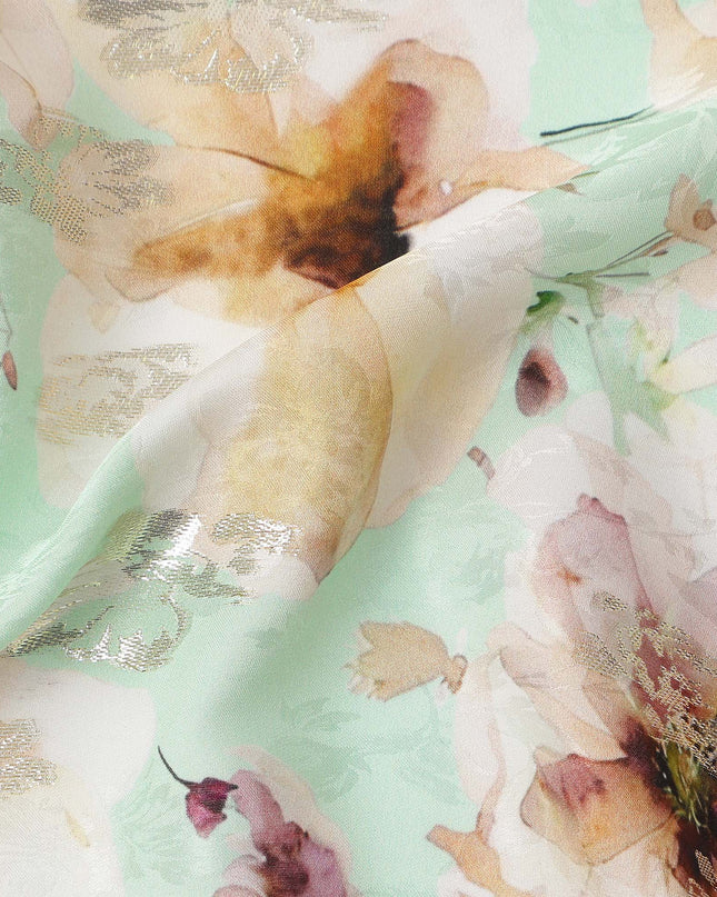 Mint Green with Beige Floral Print Pure Silk Satin Fabric, 140 Cms Width, Made in South Korea-D25993