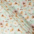 Mint Green with Beige Floral Print Pure Silk Satin Fabric, 140 Cms Width, Made in South Korea-D25993