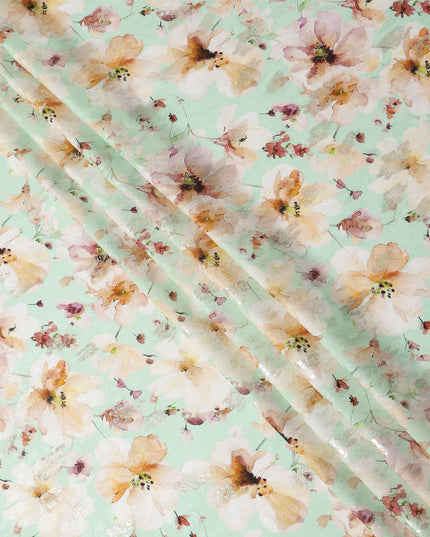 Mint Green with Beige Floral Print Pure Silk Satin Fabric, 140 Cms Width, Made in South Korea-D25993