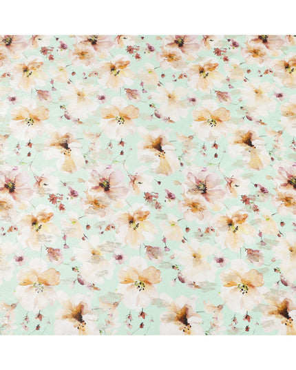 Mint Green with Beige Floral Print Pure Silk Satin Fabric, 140 Cms Width, Made in South Korea-D25993