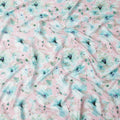Pink with Aqua Blue Floral Print Pure Silk Satin Fabric, 140 Cms Width, Made in South Korea-D25992