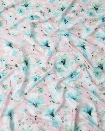 Pink with Aqua Blue Floral Print Pure Silk Satin Fabric, 140 Cms Width, Made in South Korea-D25992