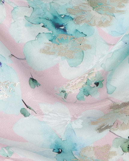 Pink with Aqua Blue Floral Print Pure Silk Satin Fabric, 140 Cms Width, Made in South Korea-D25992