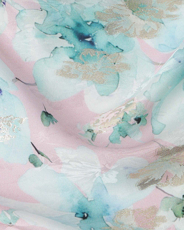 Pink with Aqua Blue Floral Print Pure Silk Satin Fabric, 140 Cms Width, Made in South Korea-D25992