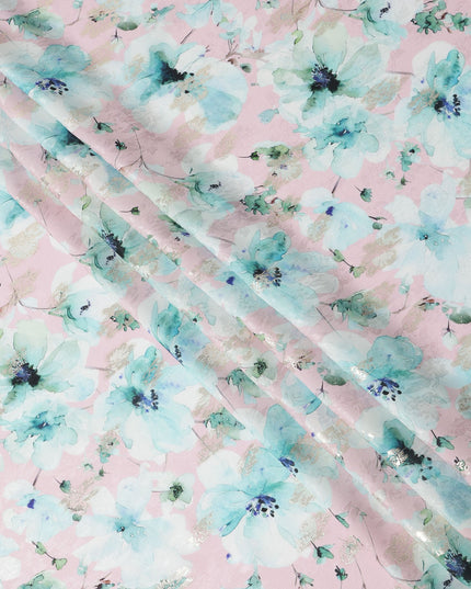 Pink with Aqua Blue Floral Print Pure Silk Satin Fabric, 140 Cms Width, Made in South Korea-D25992